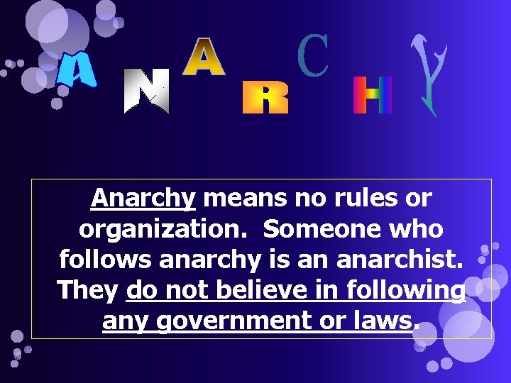 Anarchy means no rules or organization. Someone who follows anarchy is an anarchist. They