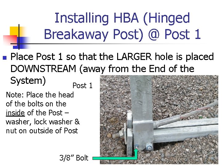 Installing HBA (Hinged Breakaway Post) @ Post 1 n Place Post 1 so that