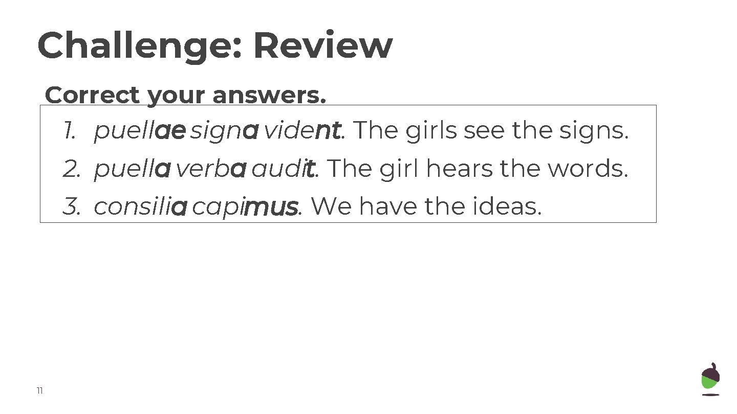Challenge: Review Correct your answers. 1. puellae signa vident. The girls see the signs.