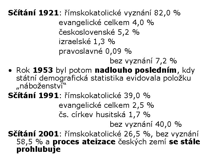 Sčítání 1921: římskokatolické vyznání 82, 0 % evangelické celkem 4, 0 % československé 5,