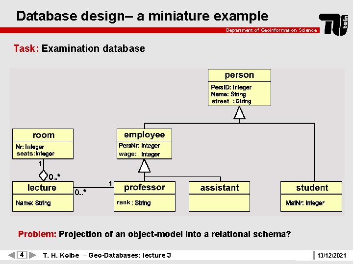 Database design– a miniature example Department of Geoinformation Science Task: Examination database Problem: Projection