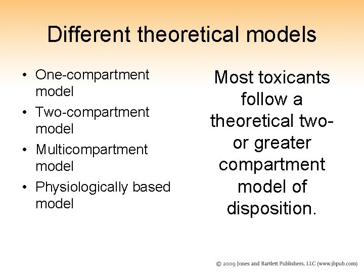 Different theoretical models • One-compartment model • Two-compartment model • Multicompartment model • Physiologically Different theoretical models • One-compartment model • Two-compartment model • Multicompartment model • Physiologically