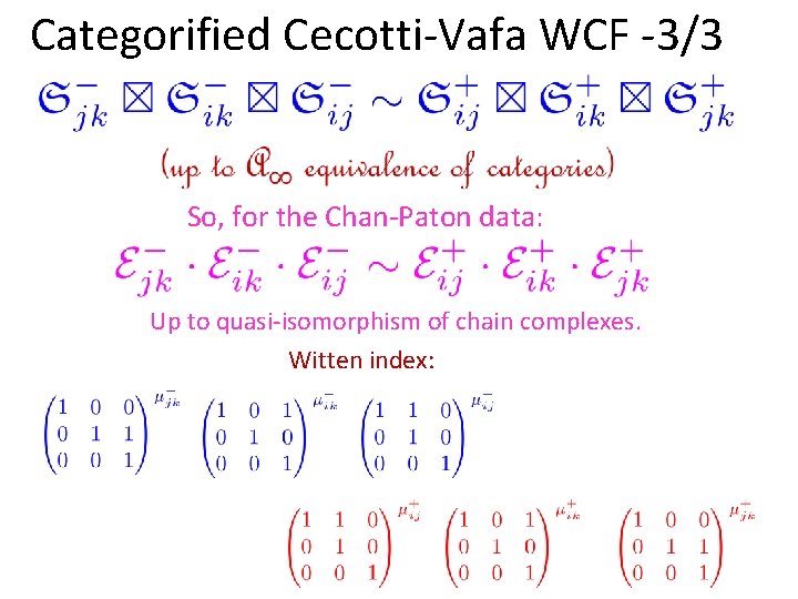 Categorified Cecotti-Vafa WCF -3/3 So, for the Chan-Paton data: Up to quasi-isomorphism of chain Categorified Cecotti-Vafa WCF -3/3 So, for the Chan-Paton data: Up to quasi-isomorphism of chain
