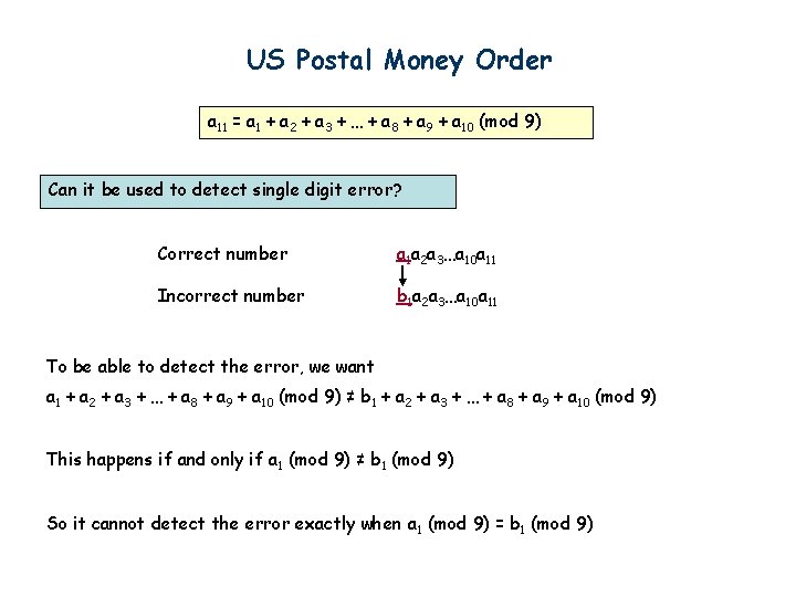 US Postal Money Order a 11 = a 1 + a 2 + a