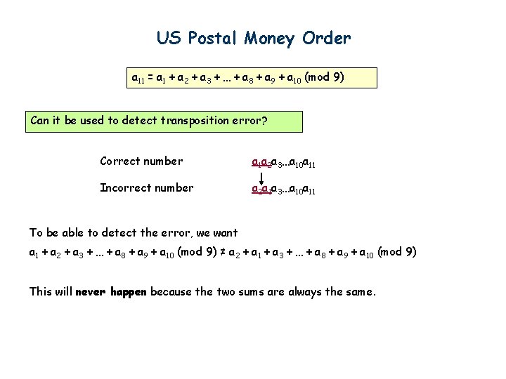 US Postal Money Order a 11 = a 1 + a 2 + a