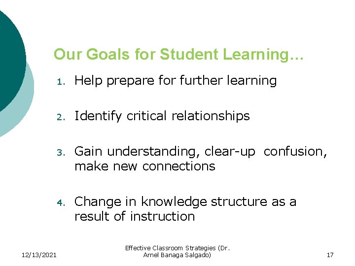 Our Goals for Student Learning… 12/13/2021 1. Help prepare for further learning 2. Identify