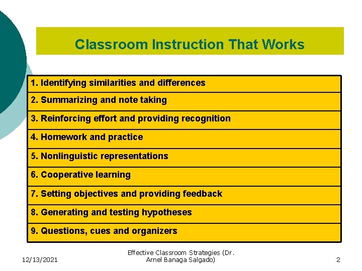 Classroom Instruction That Works 1. Identifying similarities and differences 2. Summarizing and note taking
