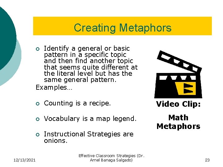 Creating Metaphors Identify a general or basic pattern in a specific topic and then