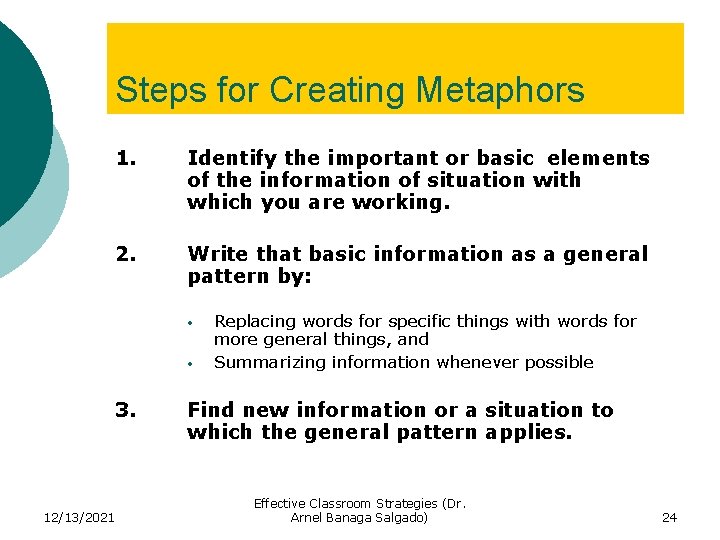 Steps for Creating Metaphors 1. Identify the important or basic elements of the information