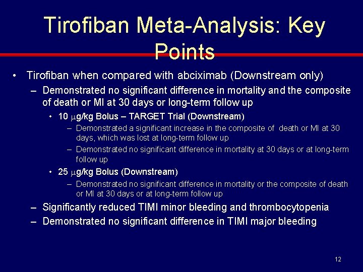 Tirofiban Meta-Analysis: Key Points • Tirofiban when compared with abciximab (Downstream only) – Demonstrated