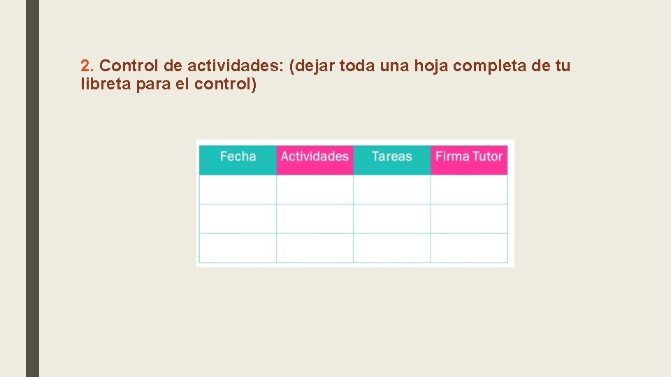 2. Control de actividades: (dejar toda una hoja completa de tu libreta para el