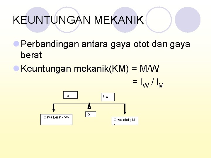 KEUNTUNGAN MEKANIK l Perbandingan antara gaya otot dan gaya berat l Keuntungan mekanik(KM) =