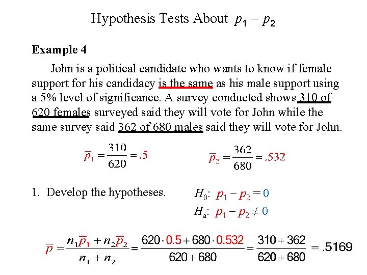 Hypothesis Tests About p 1 - p 2 Example 4 John is a political