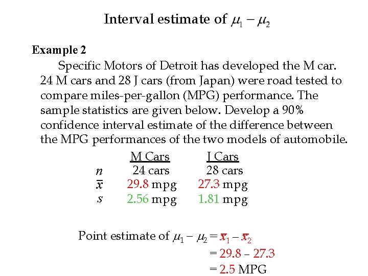 Interval estimate of Example 2 Specific Motors of Detroit has developed the M car.