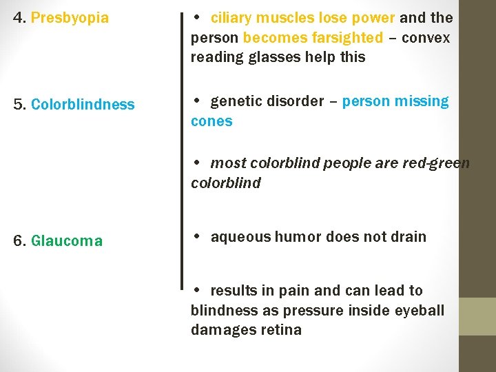 4. Presbyopia • ciliary muscles lose power and the person becomes farsighted – convex