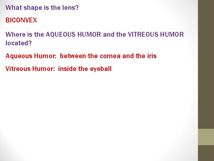 What shape is the lens? BICONVEX Where is the AQUEOUS HUMOR and the VITREOUS