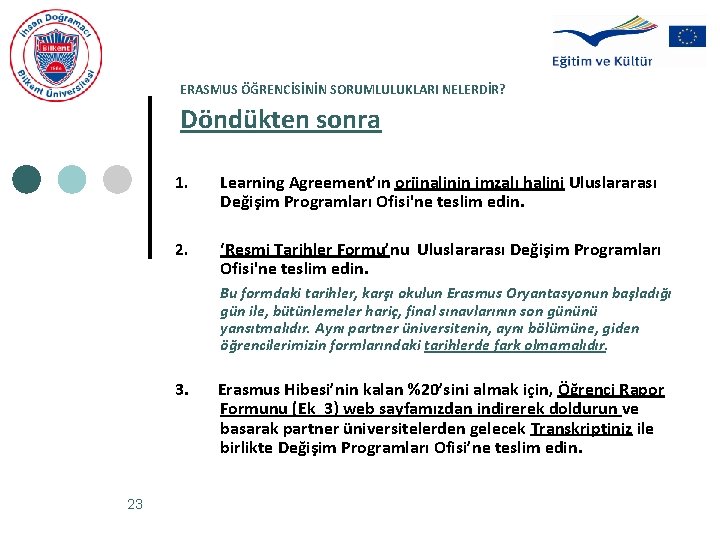 ERASMUS ÖĞRENCİSİNİN SORUMLULUKLARI NELERDİR? Döndükten sonra 1. Learning Agreement’ın orjinalinin imzalı halini Uluslararası Değişim