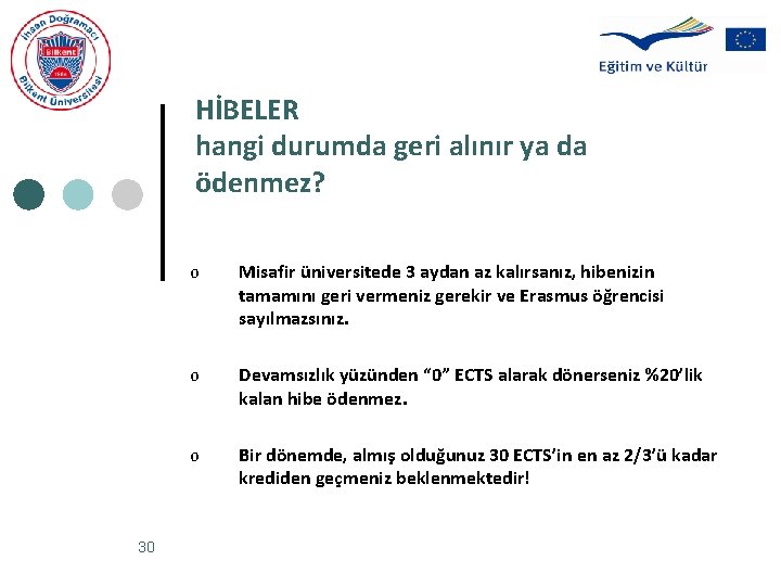 HİBELER hangi durumda geri alınır ya da ödenmez? 30 o Misafir üniversitede 3 aydan