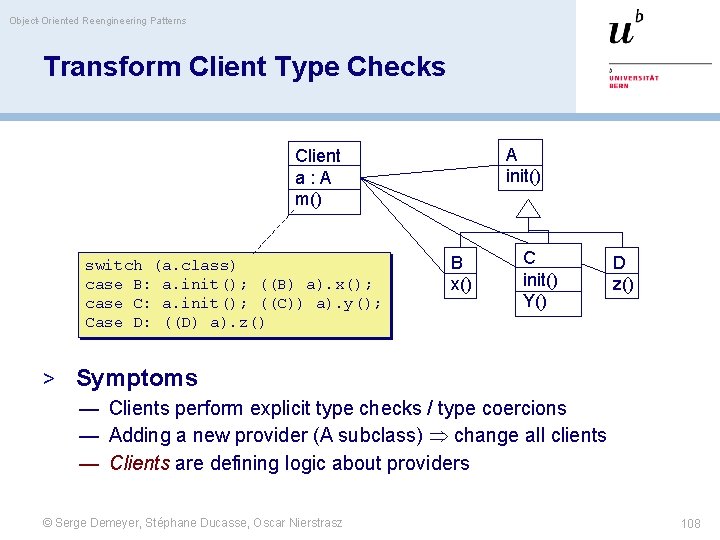 Object-Oriented Reengineering Patterns Transform Client Type Checks A init() Client a: A m() switch