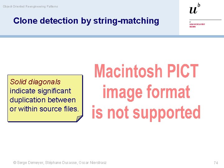 Object-Oriented Reengineering Patterns Clone detection by string-matching Solid diagonals indicate significant duplication between or