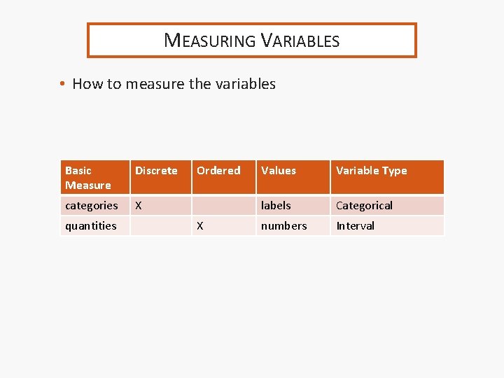 MEASURING VARIABLES • How to measure the variables Basic Measure Discrete categories X quantities