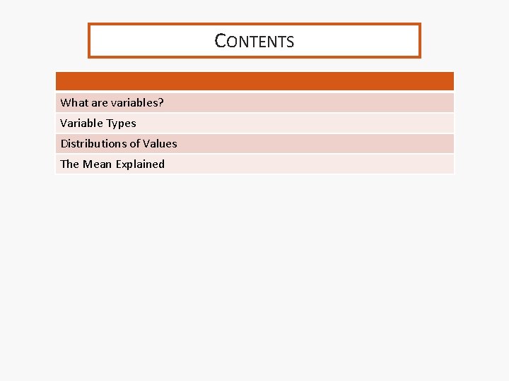 CONTENTS What are variables? Variable Types Distributions of Values The Mean Explained 