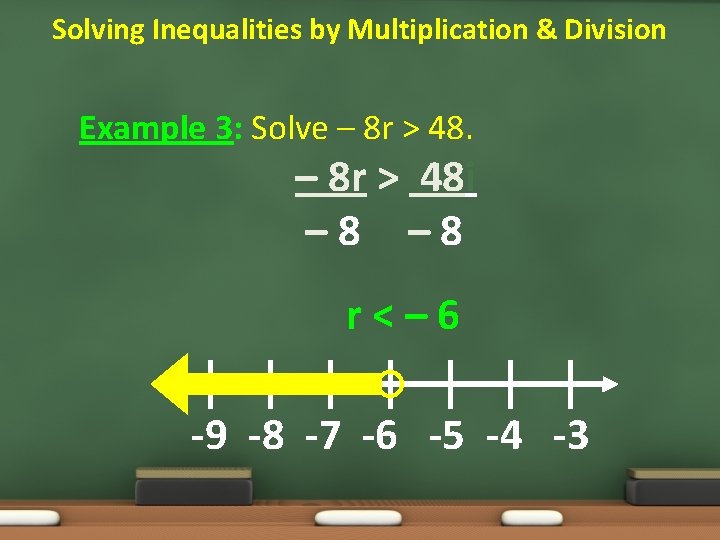 Solving Inequalities by Multiplication & Division Example 3: Solve – 8 r > 48