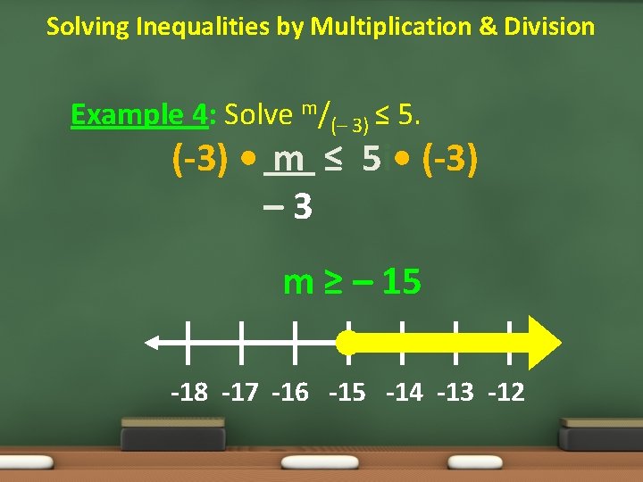 Solving Inequalities by Multiplication & Division Example 4: Solve m/(– 3) ≤ 5. (-3)