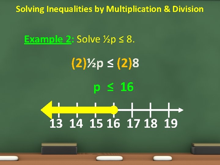 Solving Inequalities by Multiplication & Division Example 2: Solve ½p ≤ 8. (2)½p ≤