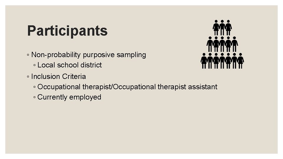 Participants ◦ Non-probability purposive sampling ◦ Local school district ◦ Inclusion Criteria ◦ Occupational