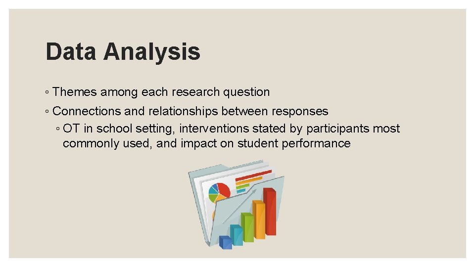 Data Analysis ◦ Themes among each research question ◦ Connections and relationships between responses