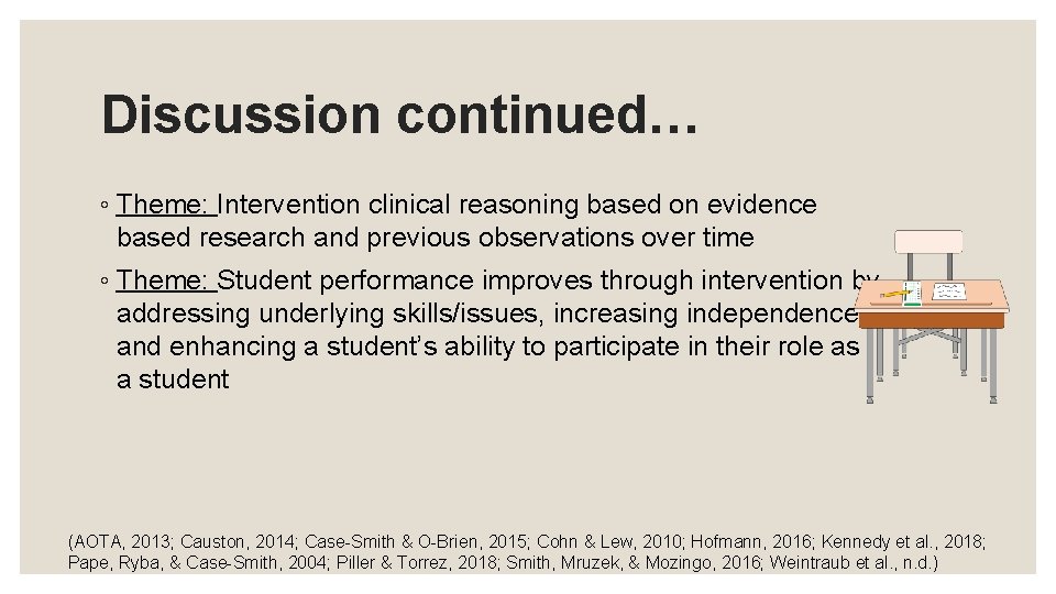 Discussion continued… ◦ Theme: Intervention clinical reasoning based on evidence based research and previous