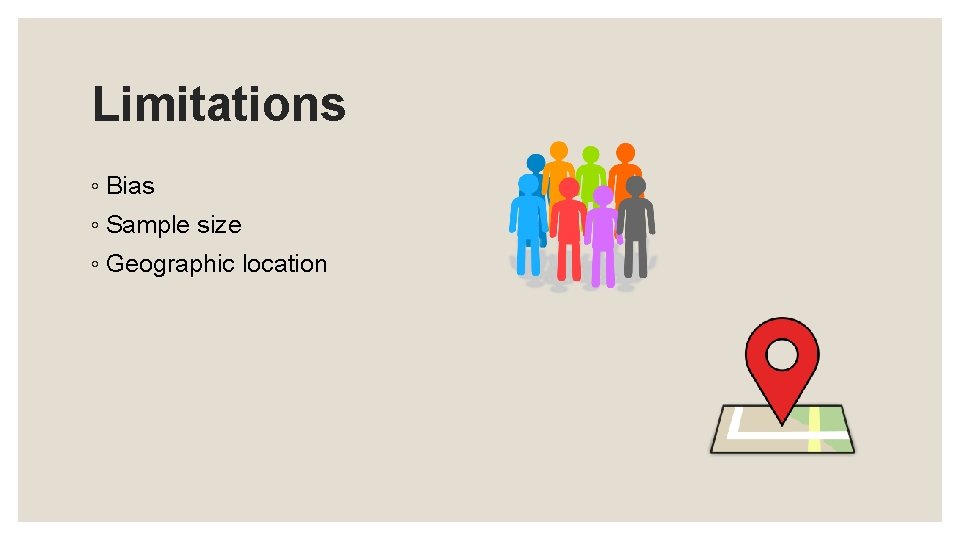 Limitations ◦ Bias ◦ Sample size ◦ Geographic location 