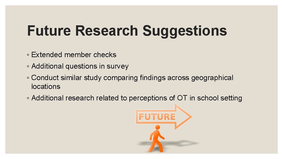 Future Research Suggestions ◦ Extended member checks ◦ Additional questions in survey ◦ Conduct