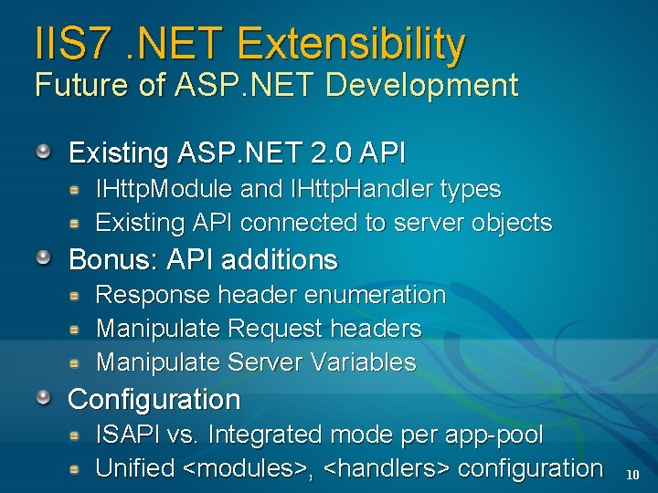 IIS 7. NET Extensibility Future of ASP. NET Development Existing ASP. NET 2. 0