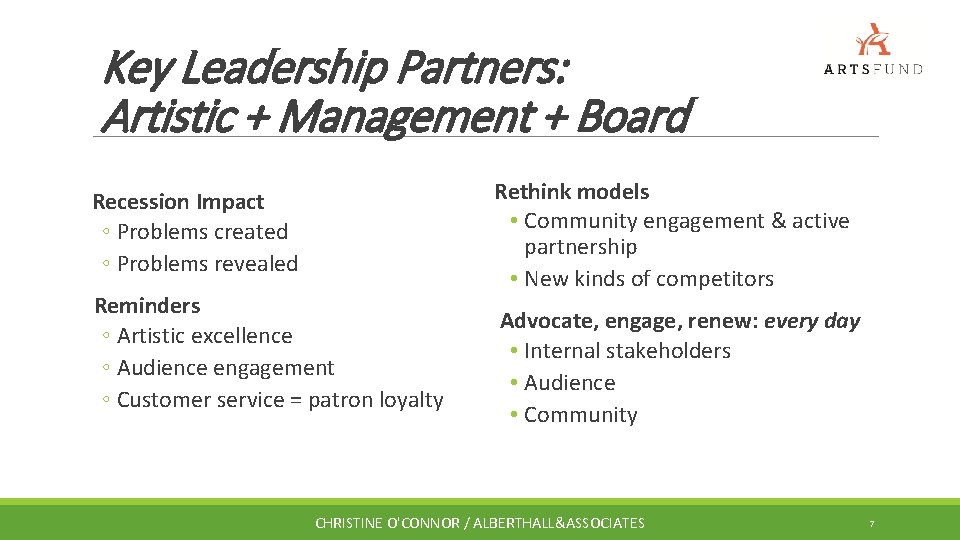 Key Leadership Partners: Artistic + Management + Board Recession Impact ◦ Problems created ◦