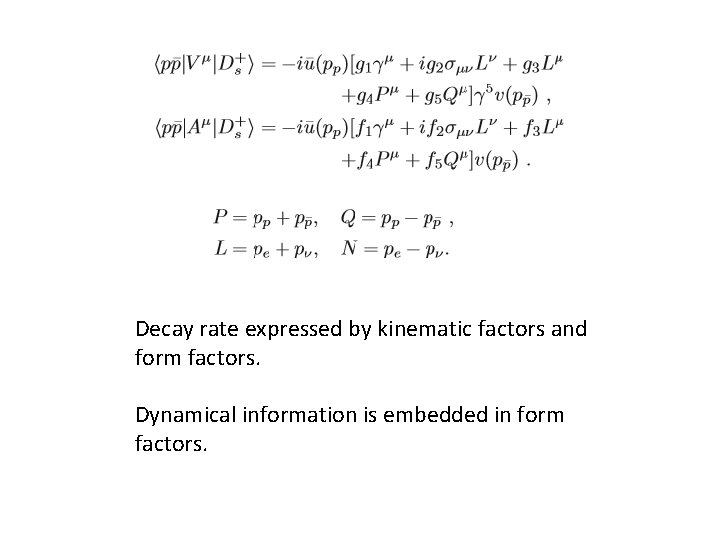 Decay rate expressed by kinematic factors and form factors. Dynamical information is embedded in