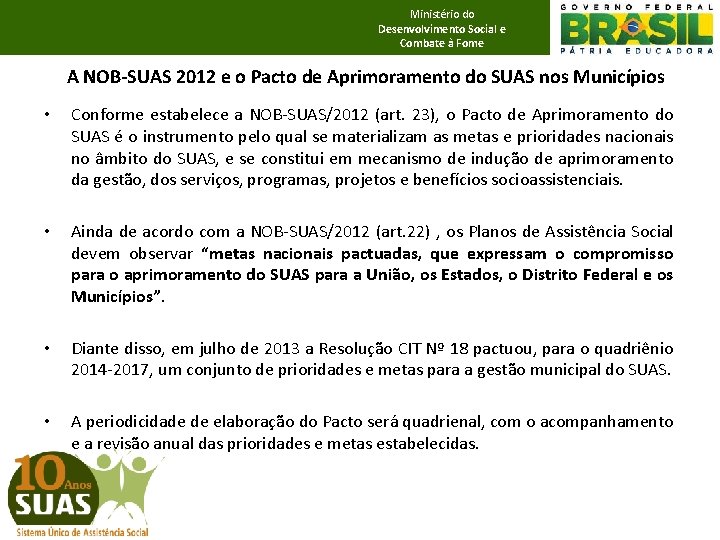 Ministério do Desenvolvimento Social e Combate à Fome A NOB-SUAS 2012 e o Pacto