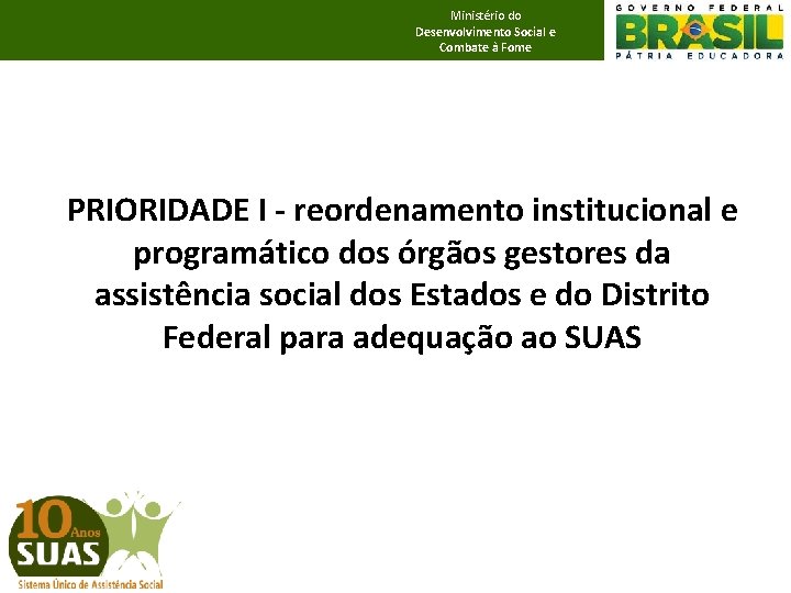 Ministério do Desenvolvimento Social e Combate à Fome PRIORIDADE I - reordenamento institucional e