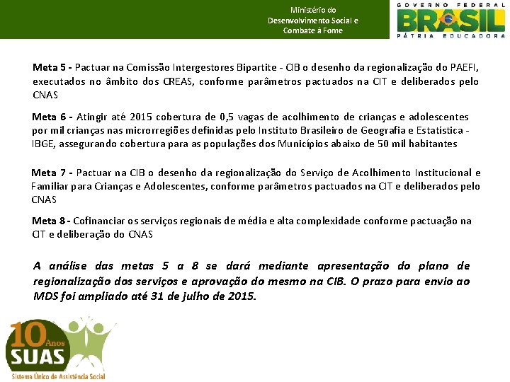 Ministério do Desenvolvimento Social e Combate à Fome Meta 5 - Pactuar na Comissão