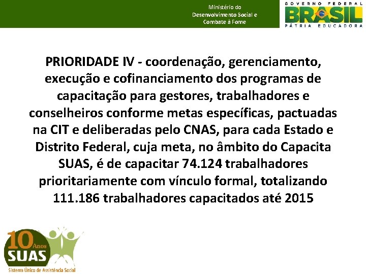 Ministério do Desenvolvimento Social e Combate à Fome PRIORIDADE IV - coordenação, gerenciamento, execução