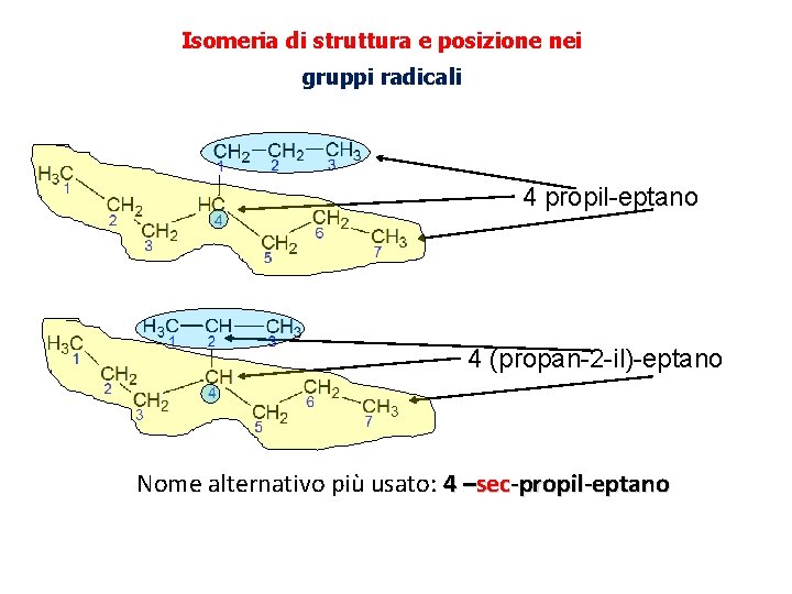 Isomeria di struttura e posizione nei gruppi radicali 4 propil-eptano 4 (propan-2 -il)-eptano Nome