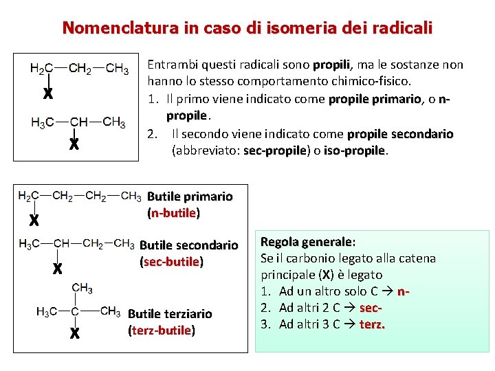 Nomenclatura in caso di isomeria dei radicali X X Entrambi questi radicali sono propili,