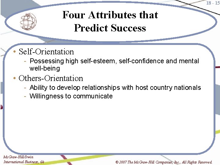 18 - 15 Four Attributes that Predict Success • Self-Orientation - Possessing high self-esteem,