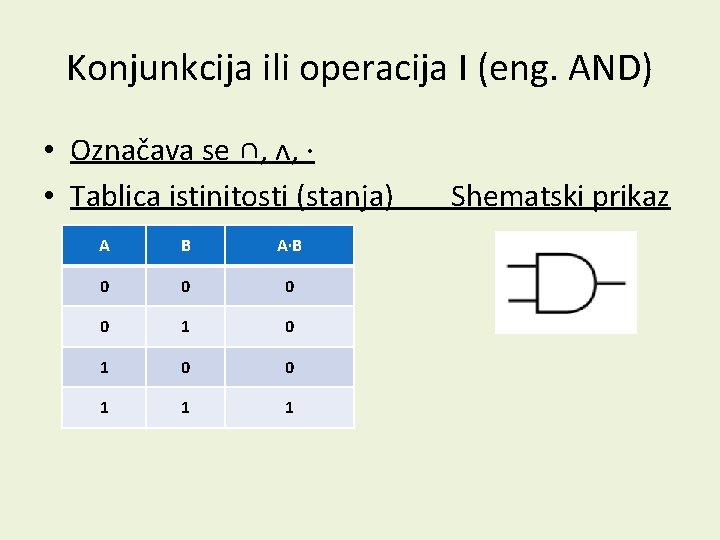 Konjunkcija ili operacija I (eng. AND) • Označava se ∩, ᴧ, ∙ • Tablica