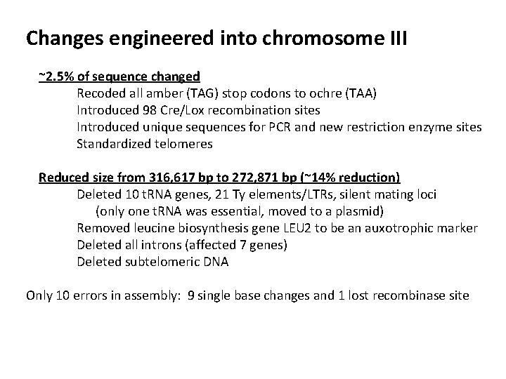 Changes engineered into chromosome III ~2. 5% of sequence changed Recoded all amber (TAG)