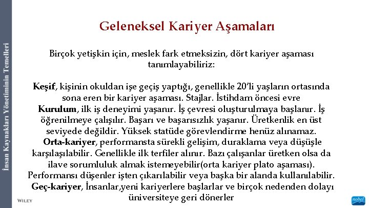 Geleneksel Kariyer Aşamaları Birçok yetişkin için, meslek fark etmeksizin, dört kariyer aşaması tanımlayabiliriz: Keşif,