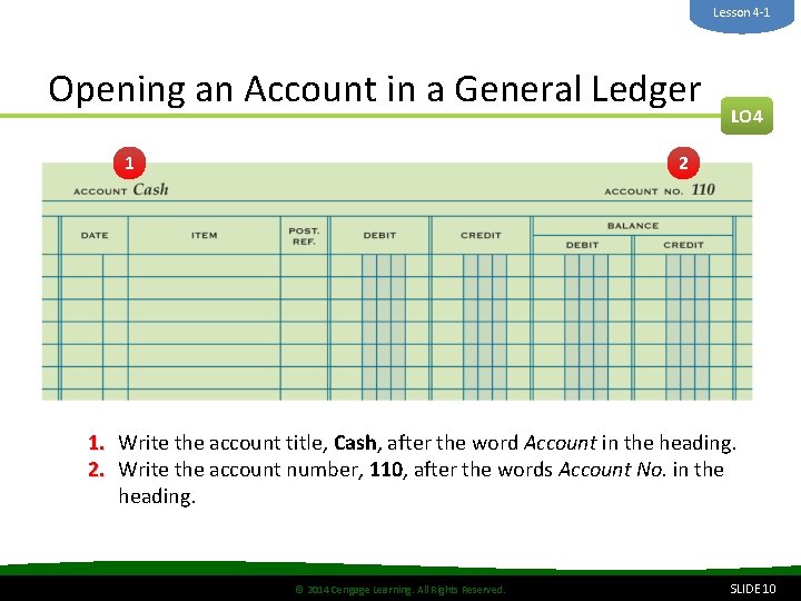 Lesson 4 -1 Opening an Account in a General Ledger 1 LO 4 2