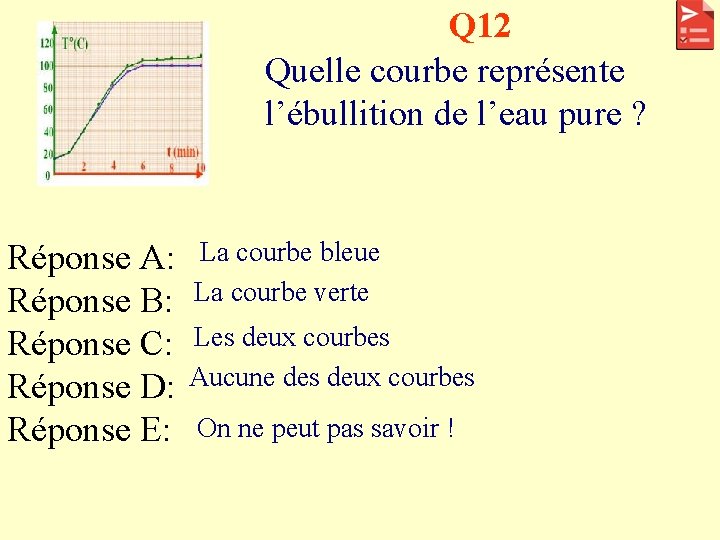 Q 12 Quelle courbe représente l’ébullition de l’eau pure ? Réponse A: Réponse B: