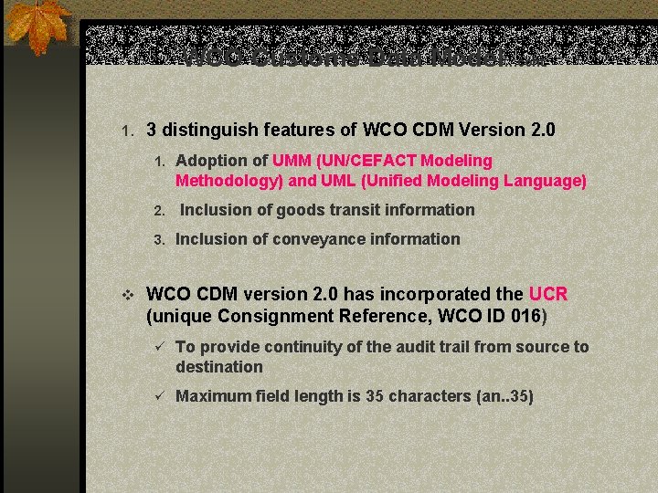 WCO Customs Data Model…cont. 1. 3 distinguish features of WCO CDM Version 2. 0